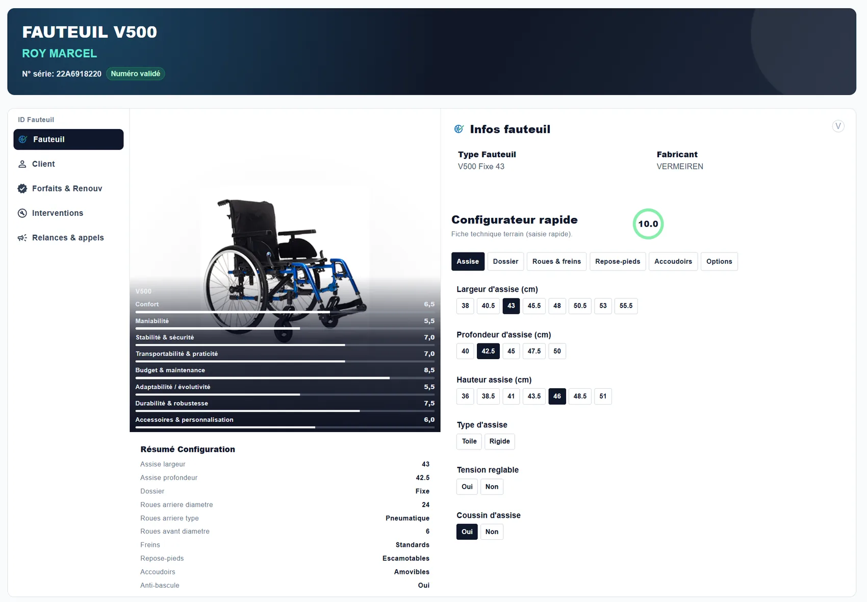 Fiche d'un fauteuil : identité du matériel, profil du modèle noté par critère, configurateur rapide et résumé de configuration.