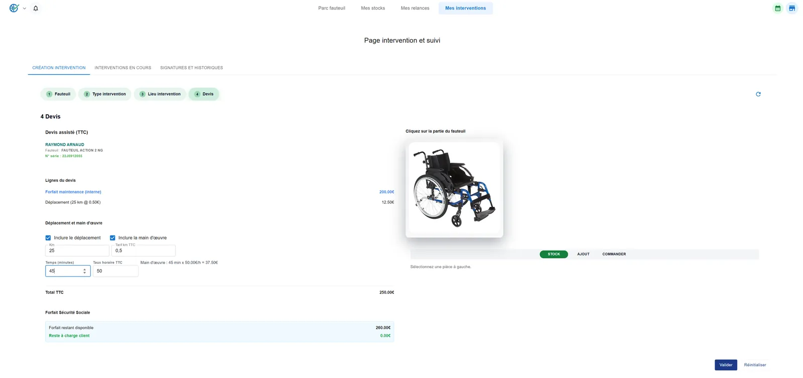 Écran Interventions : devis assisté avec forfait, déplacement et main-d'œuvre, et sélection visuelle de la pièce sur le fauteuil.